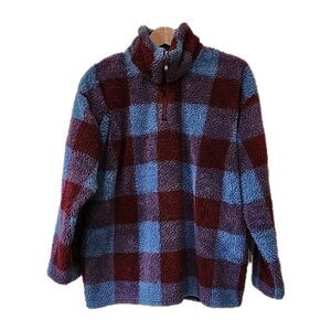 Eddie Bauer Fleece Jacket Women's Size XL 1/4 Zip Red Blue Plaid Pullover